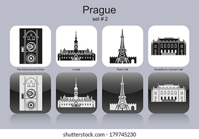 Landmarks of Prague. Set of monochrome icons. Editable vector illustration.