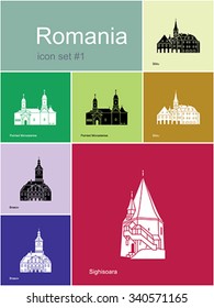 Landmarks of Romania. Set of color icons in Metro style. Editable vector illustration. svg