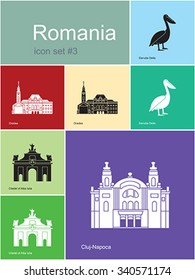 Landmarks of Romania. Set of color icons in Metro style. Editable vector illustration.