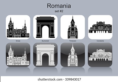 Landmarks of Romania. Set of monochrome icons. Editable vector illustration.