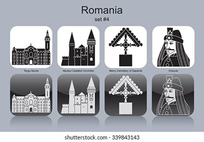 Landmarks of Romania. Set of monochrome icons. Editable vector illustration.