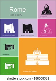 Landmarks of Rome. Set of flat color icons in Metro style. Editable vector illustration.