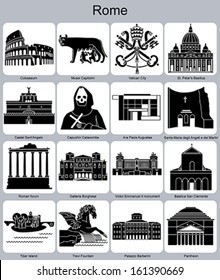 Landmarks of Rome. Set of monochrome icons. Editable vector illustration.