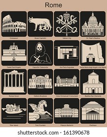 Landmarks of Rome. Set of monochrome icons. Editable vector illustration.