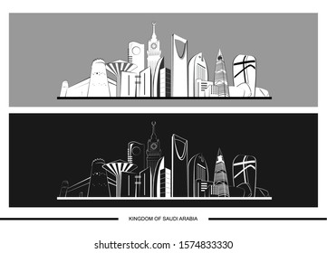 Landmarks in Saudi Arabia are drawn by a vector program.