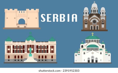 Lugares emblemáticos de Serbia, importantes atracciones turísticas, símbolos de la ciudad y del país. , ilustración vectorial.