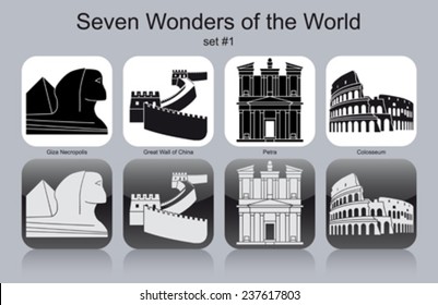 Landmarks of Seven Wonders of the World. Set of monochrome icons. Editable vector illustration.