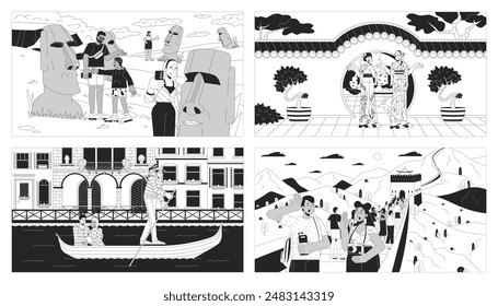 Landmarks sightseeing black and white line illustrations set. Foreign tourists multinational people 2D characters monochrome backgrounds collection. Tours and attractions outline scenes vector images