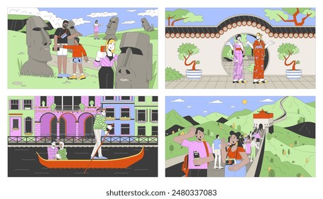 Landmarks sightseeing cartoon flat illustrations set. Foreign tourists multinational people 2D line characters colorful backgrounds collection. Tours and attractions scenes vector storytelling images