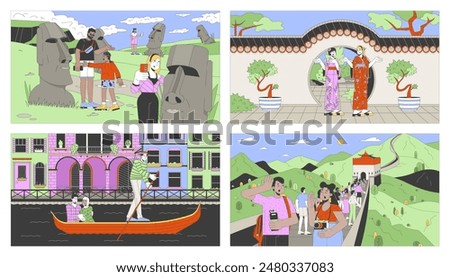 Landmarks sightseeing cartoon flat illustrations set. Foreign tourists multinational people 2D line characters colorful backgrounds collection. Tours and attractions scenes vector storytelling images