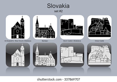 Landmarks of Slovakia. Set of monochrome icons. Editable vector illustration.