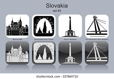 Landmarks of Slovakia. Set of monochrome icons. Editable vector illustration.