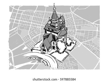 Landmarks of Sofia -  Russian church. Vector drawing.