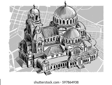 Landmarks of Sofia - St Alexander Nevsky Cathedral. Vector drawing.