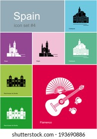 Landmarks of Spain. Set of flat color icons in Metro style. Editable vector illustration.