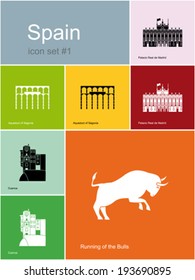 Landmarks of Spain. Set of flat color icons in Metro style. Editable vector illustration.