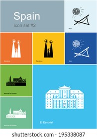 Landmarks of Spain. Set of flat color icons in Metro style. Editable vector illustration.