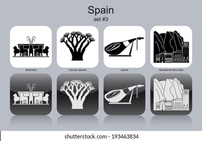 Landmarks of Spain. Set of monochrome icons. Editable vector illustration.