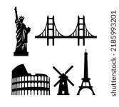 Landmarks (statue of Liberty, golden gate bridge, Colosseum windmill, Eiffel Tower) icon, vector, and graphic. 