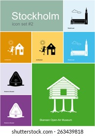 Landmarks of Stockholm. Set of color icons in Metro style. Editable vector illustration.