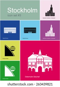 Landmarks of Stockholm. Set of color icons in Metro style. Editable vector illustration.