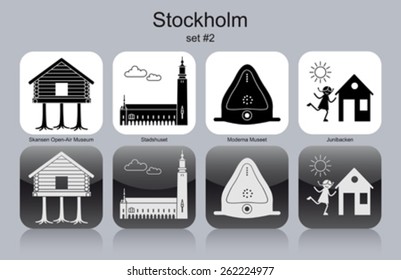 Landmarks of Stockholm. Set of monochrome icons. Editable vector illustration.