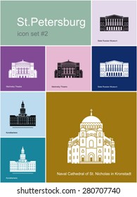 Lugares emblemáticos de San Petersburgo. Conjunto de iconos de color en estilo Metro. Ilustración vectorial editable.