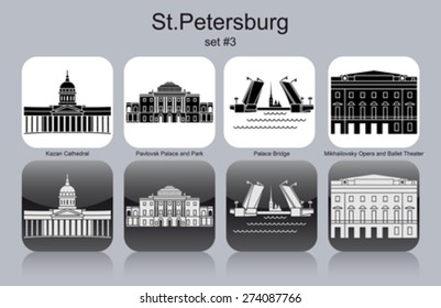 Wahrzeichen von St. Petersburg. Set von monochromen Symbolen. Bearbeitbare Vektorgrafik.