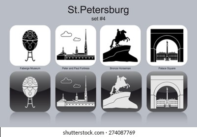 Wahrzeichen von St. Petersburg. Set von monochromen Symbolen. Bearbeitbare Vektorgrafik.