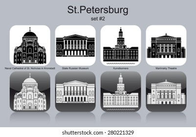 Wahrzeichen von St. Petersburg. Set von monochromen Symbolen. Bearbeitbare Vektorgrafik.