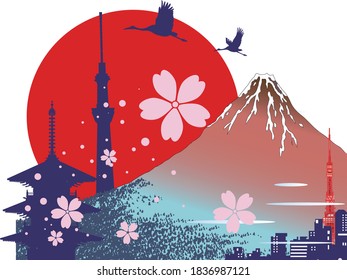 Landmarks such as Mt. Fuji, cherry blossoms and temples for sightseeing in Japan