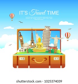 Landmarks in a suitcase. Vector background with landmarks. Tourism. Traveling around the world. Background for travel agent, travel advertising, for web sites about tourism.