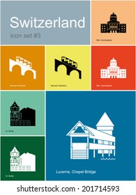 Landmarks of Switzerland. Set of color icons in Metro style. Editable vector illustration.