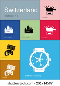 Landmarks of Switzerland. Set of color icons in Metro style. Editable vector illustration.