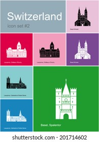 Landmarks of Switzerland. Set of color icons in Metro style. Editable vector illustration.