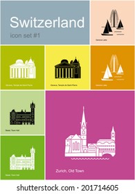 Landmarks of Switzerland. Set of color icons in Metro style. Editable vector illustration.