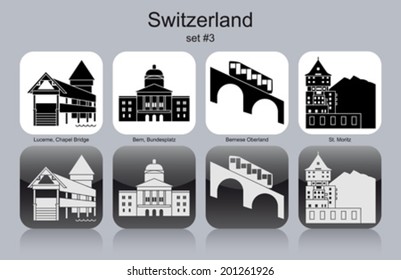 Landmarks of Switzerland. Set of monochrome icons. Editable vector illustration.