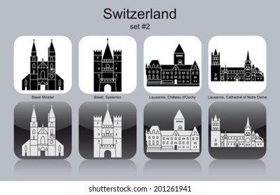 Landmarks of Switzerland. Set of monochrome icons. Editable vector illustration.