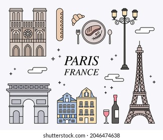 Landmarks and symbols icons of Paris, France. outline simple vector illustration.