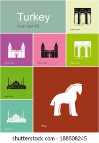 Landmarks of Turkey. Set of flat color icons in Metro style. Editable vector illustration.