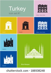 Landmarks of Turkey. Set of flat color icons in Metro style. Editable vector illustration.