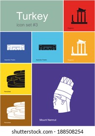 Lugares emblemáticos de Turquía. Conjunto de iconos de color plano en estilo Metro. Ilustración vectorial editable.