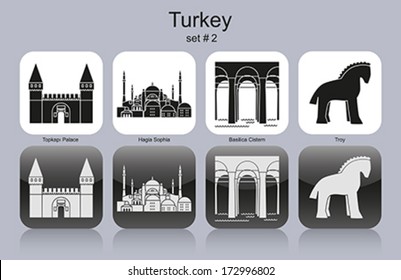 Landmarks of Turkey. Set of monochrome icons. Editable vector illustration.