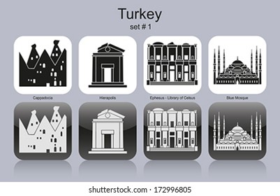 Landmarks of Turkey. Set of monochrome icons. Editable vector illustration.