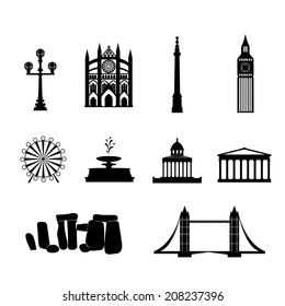 Landmarks of United Kingdom,vector simple black and white icons