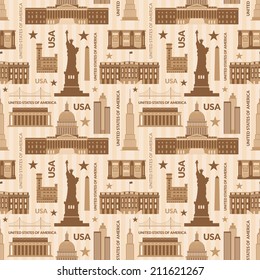 Landmarks of United States of America vector monochrome seamless pattern