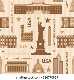 Landmarks of United States of America vector monochrome seamless pattern