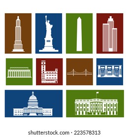 Landmarks of United States of America, vector colorful flat icons set