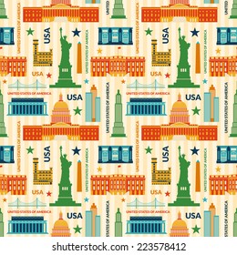 Landmarks of United States of America vector colorful seamless pattern