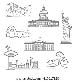 Landmarks of USA for travel  design with thin linear Statue of Liberty, casinos of Las Vegas, Capitol, White House, mount Rushmore, Arches National Park and geyser in Yellowstone Park 